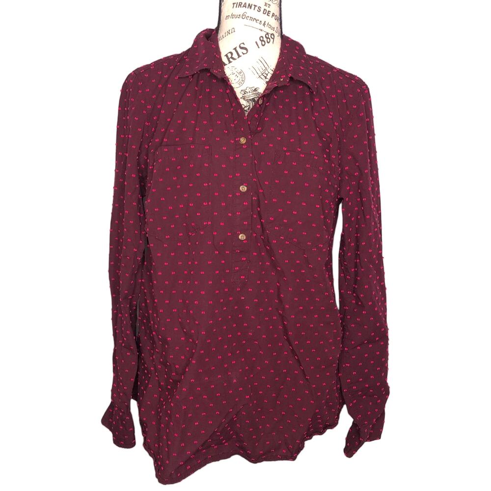 A New Day (L) Embroidery Dot Patterned Collared High Low Hem Button Up Shirt